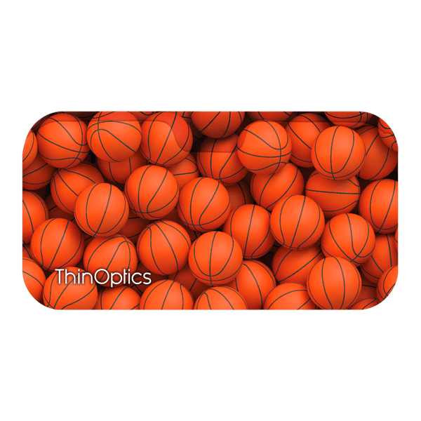 "ThinOptics logo displayed on a phone-shaped surface covered in a tightly packed pile of basketballs."