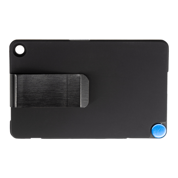 Black phone case with metal clip and blue button, showcasing its slim profile and secure hold.