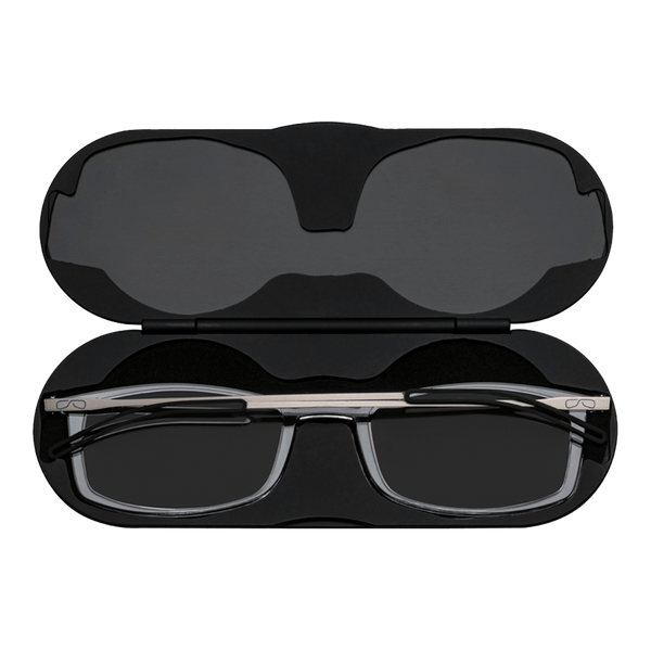 ThinOptics Clear Reading Glasses with Blue Light Blockers and a sleek black case: minimalist design with thin lenses. The compact, brushed metal case offers a modern, portable solution for individuals needing reading glasses.