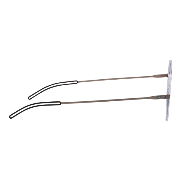 Silver metal eyeglasses feature thin black earpieces and a side view against a blue background.