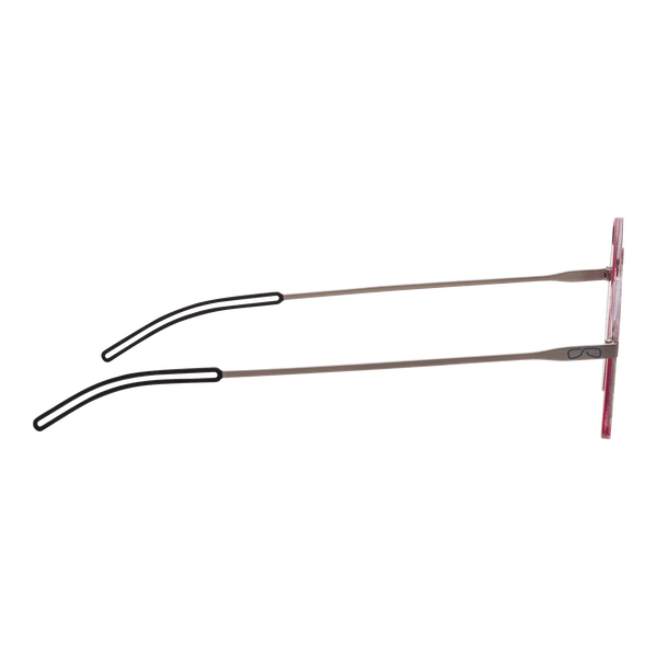 Silver eyeglasses with pink square frames shown from the side.