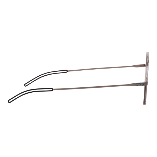 Rose gold framed glasses with black earpieces shown from the side.