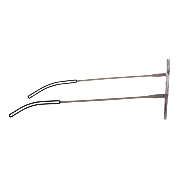 Silver eyeglasses with black earpieces shown from the side.