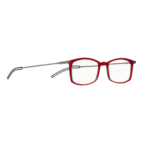 A pair of red eyeglasses with thin silver temples rests on a blue background.
