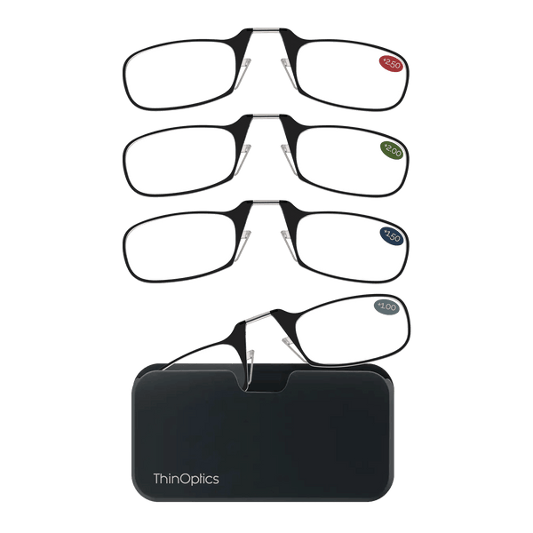 The image shows the ThinOptics Clarity Kit, which includes four pairs of reading glasses with different strengths and a Universal Pod case. The glasses are displayed in a vertical arrangement, with each pair labeled with its respective strength: +2.50 (red label), +2.00 (green label), +1.50 (blue label), and +1.00 (green label). The Universal Pod case is shown at the bottom of the image, with one pair of glasses partially inserted into it. The ThinOptics logo is visible on the case.