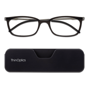 ThinOptics Black Frame Connect Reading Glasses and a sleek black Connect case: minimalist design with thin lenses. The compact, polycarbonate case offers a modern, portable solution for individuals needing reading glasses.