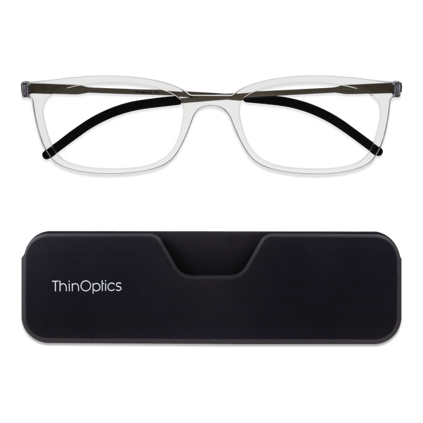 ThinOptics Clear Frame Connect Reading Glasses and a sleek black Connect case: minimalist design with thin lenses. The compact, polycarbonate case offers a modern, portable solution for individuals needing reading glasses.
