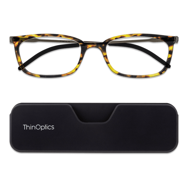 ThinOptics Tortoise Frame Connect Reading Glasses and a sleek black Connect case: minimalist design with thin lenses. The compact, polycarbonate case offers a modern, portable solution for individuals needing reading glasses.