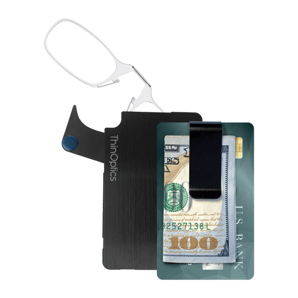 Black ThinOptics wallet holds cash, credit card, and folded reading glasses.