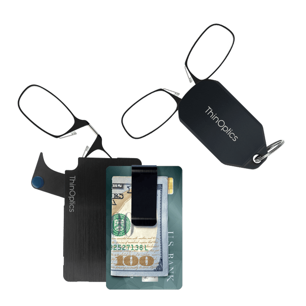 ThinOptics reading glasses showcase their compact design, folded neatly into a slim wallet with a money clip and attached to a keychain for ultimate portability.