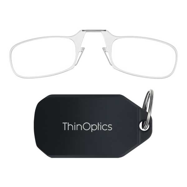 ThinOptics reading glasses with compact black keychain case.