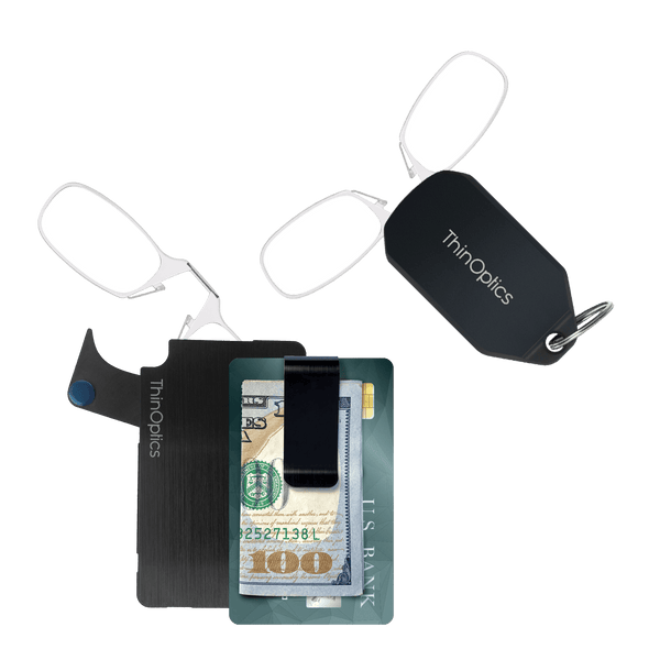 ThinOptics reading glasses folded into compact keychain case and wallet case for convenient portability.