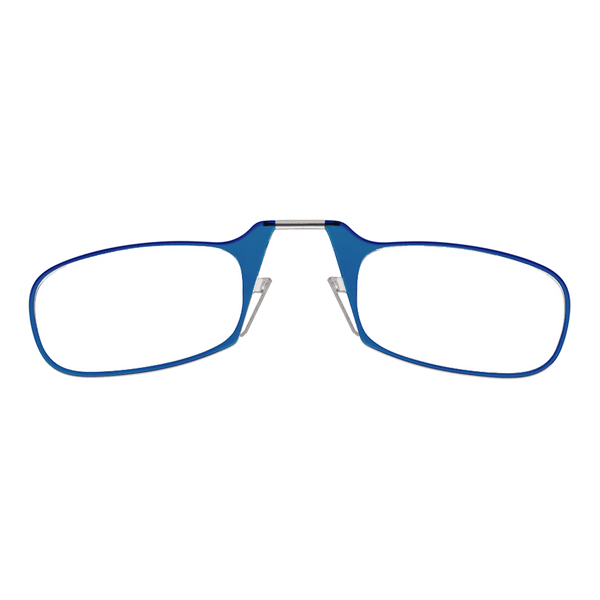 A pair of blue reading glasses folds at the bridge on a blue-gray background.