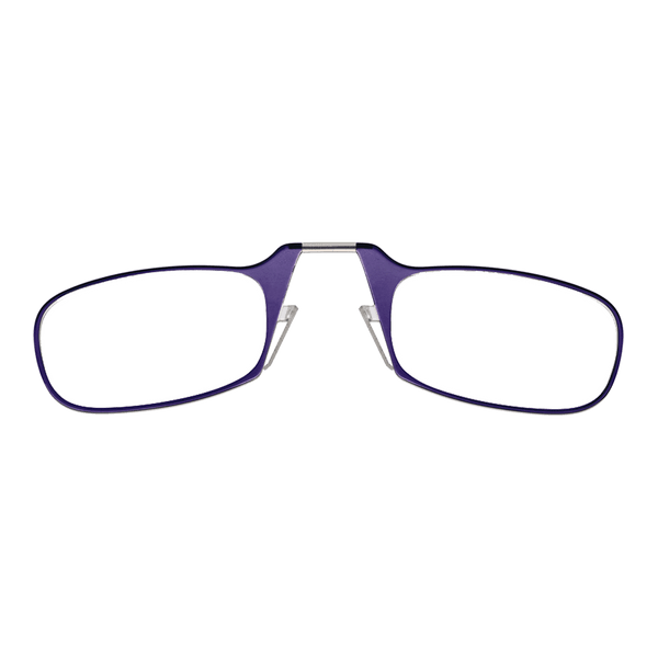 A pair of purple reading glasses folds in the middle, showcasing their compact design for easy storage.