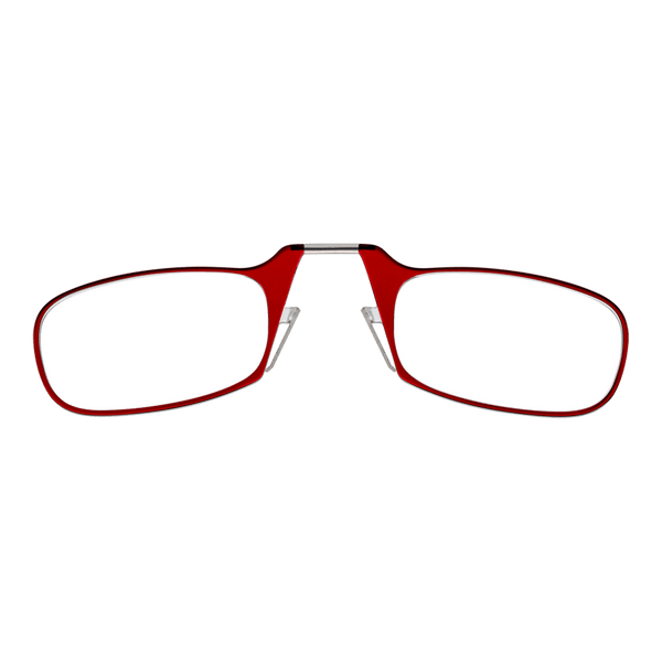 A pair of red reading glasses with a silver bridge folds in the middle.