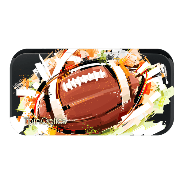 ThinOptics abstract art design featuring a brown leather football at center on a black background with white and orange splashes.