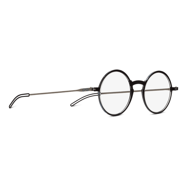 The image shows a pair of round eyeglasses and a sleek, rectangular eyeglass case. The eyeglasses have a black frame with thin, round lenses and a bridge that connects the two lenses. The temples of the glasses are thin and black, with the brand name "ThinOptics" visible on the inside of the right temple. This image showcases Manhattan Full Frame Reading Glasses