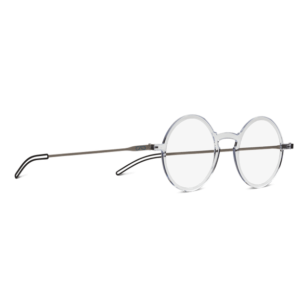 The image shows a pair of round eyeglasses and a sleek, rectangular eyeglass case. The eyeglasses have a clear frame with thin, round lenses and a bridge that connects the two lenses. The temples of the glasses are thin and black, with the brand name "ThinOptics" visible on the inside of the right temple. This image showcases Manhattan Full Frame Reading Glasses