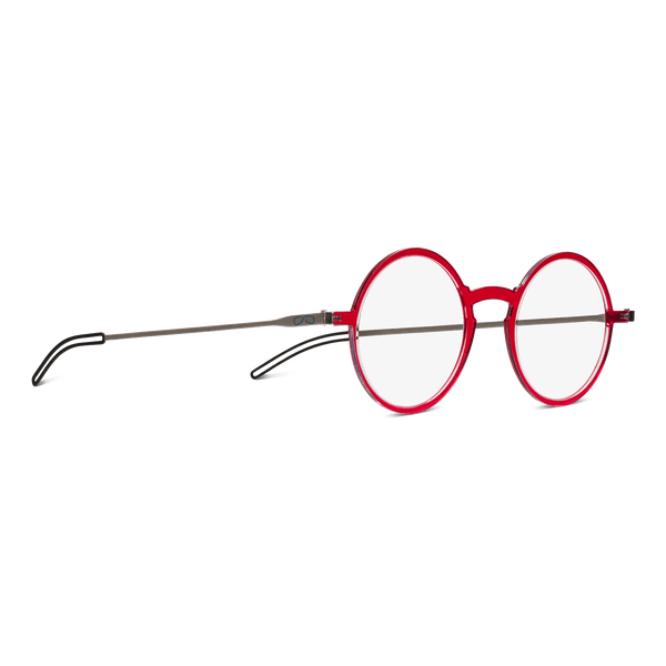 The image shows a pair of round eyeglasses and a sleek, rectangular eyeglass case. The eyeglasses have a red frame with thin, round lenses and a bridge that connects the two lenses. The temples of the glasses are thin and black, with the brand name "ThinOptics" visible on the inside of the right temple.