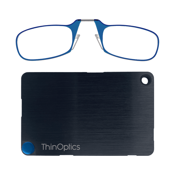 The ThinOptics Blue Readers + Black Flashcard Wallet is a revolutionary advancement in the consolidation of your essentials, bringing together your credit cards, cash, identification, and reading glasses in a durable and compact case that'll go everywhere with you.
Made from brushed stainless steel with PVD coating for increased impact strength and excellent abrasion resistance, the ThinOptics Readers + Black Flashcard Wallet looks great and securely holds everything you need.