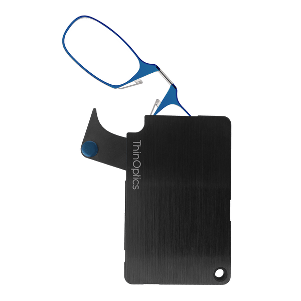 The ThinOptics Blue Readers + Black Flashcard Wallet is a revolutionary advancement in the consolidation of your essentials, bringing together your credit cards, cash, identification, and reading glasses in a durable and compact case that'll go everywhere with you.
Made from brushed stainless steel with PVD coating for increased impact strength and excellent abrasion resistance, the ThinOptics Readers + Black Flashcard Wallet looks great and securely holds everything you need.