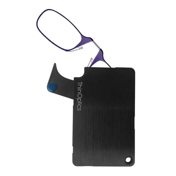 The ThinOptics Purple Readers + Black Flashcard Wallet is a revolutionary advancement in the consolidation of your essentials, bringing together your credit cards, cash, identification, and reading glasses in a durable and compact case that'll go everywhere with you.
Made from brushed stainless steel with PVD coating for increased impact strength and excellent abrasion resistance, the ThinOptics Readers + Black Flashcard Wallet looks great and securely holds everything you need.