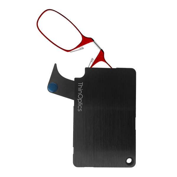 The ThinOptics Red Readers + Black Flashcard Wallet is a revolutionary advancement in the consolidation of your essentials, bringing together your credit cards, cash, identification, and reading glasses in a durable and compact case that'll go everywhere with you.
Made from brushed stainless steel with PVD coating for increased impact strength and excellent abrasion resistance, the ThinOptics Readers + Black Flashcard Wallet looks great and securely holds everything you need.