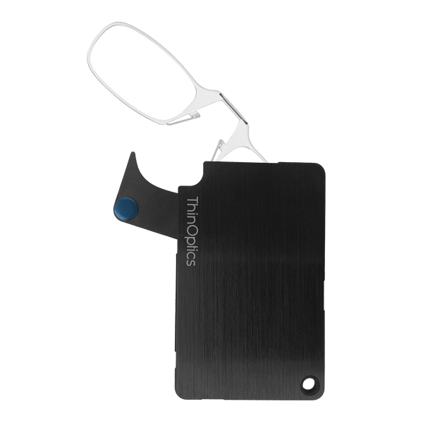 The ThinOptics Clear Readers + Black Flashcard Wallet is a revolutionary advancement in the consolidation of your essentials, bringing together your credit cards, cash, identification, and reading glasses in a durable and compact case that'll go everywhere with you.
Made from brushed stainless steel with PVD coating for increased impact strength and excellent abrasion resistance, the ThinOptics Readers + Black Flashcard Wallet looks great and securely holds everything you need.