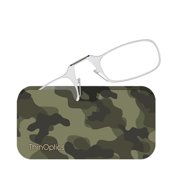 Silver ThinOptics reading glasses rest on a camouflage patterned case.