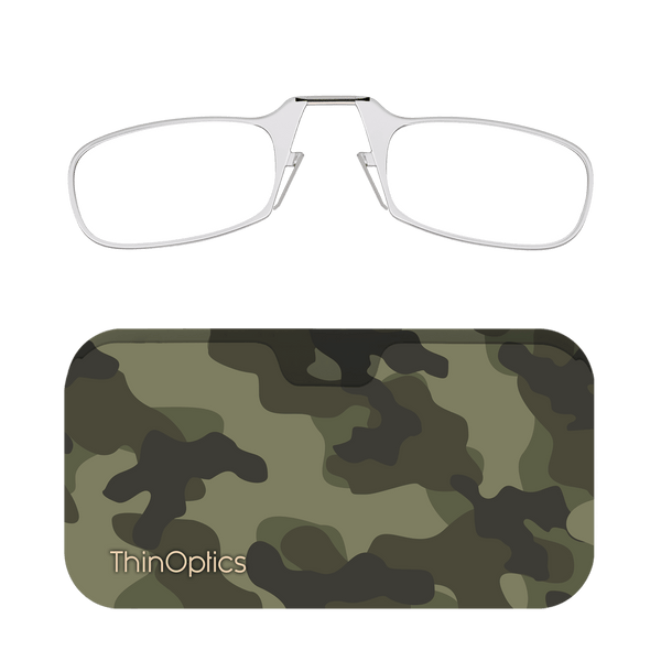 Silver ThinOptics reading glasses rest unfolded above their compact camouflage case.
