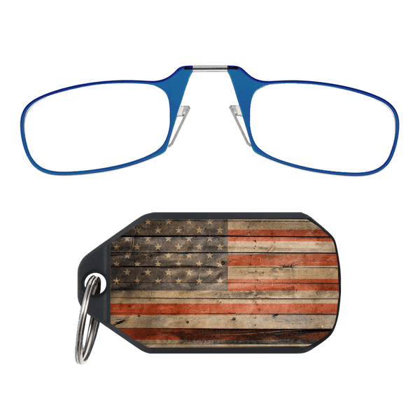 Sleek design meets universal comfort. Our Blue framed Readers adapt to you, offering a barely-there feel with robust durability. Paired with an American Flag Keychain Case minimalist design, thin frames, and compact for portability.