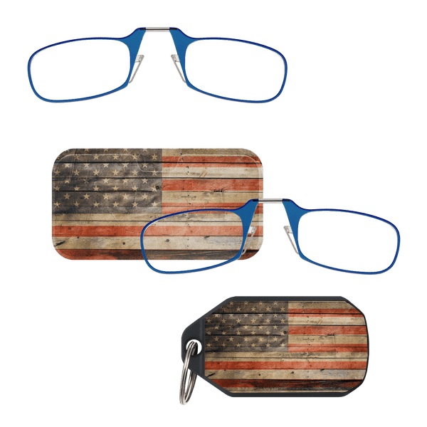 Sleek design meets multi-pack universal comfort. Our Blue Framed Readers adapt to you, offering a barely-there feel with robust durability. Paired with an American Flag Universal Pod Case and keychain case minimalist design, thin frames, and compact for portability.