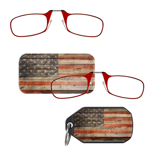 Sleek design meets multi-pack universal comfort. Our Red Framed Readers adapt to you, offering a barely-there feel with robust durability. Paired with an American Flag Universal Pod Case and keychain case minimalist design, thin frames, and compact for portability.