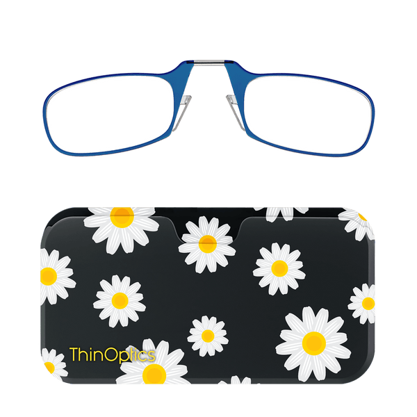 Blue ThinOptics reading glasses folded on a black case decorated with white daisies.
