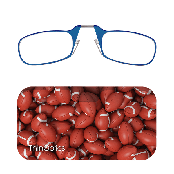 Blue ThinOptics reading glasses folded atop a football-themed ThinOptics case.