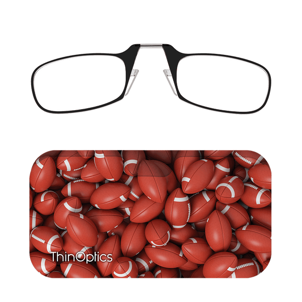 ThinOptics reading glasses with a football-themed case.