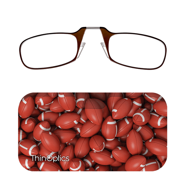 Brown ThinOptics reading glasses rest on a football-themed carrying case.