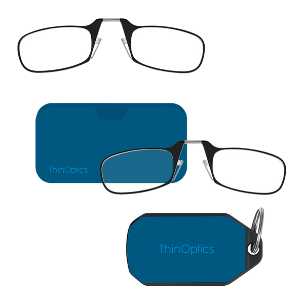 ThinOptics compact reading glasses folded, inside their protective case, and attached to a keychain.