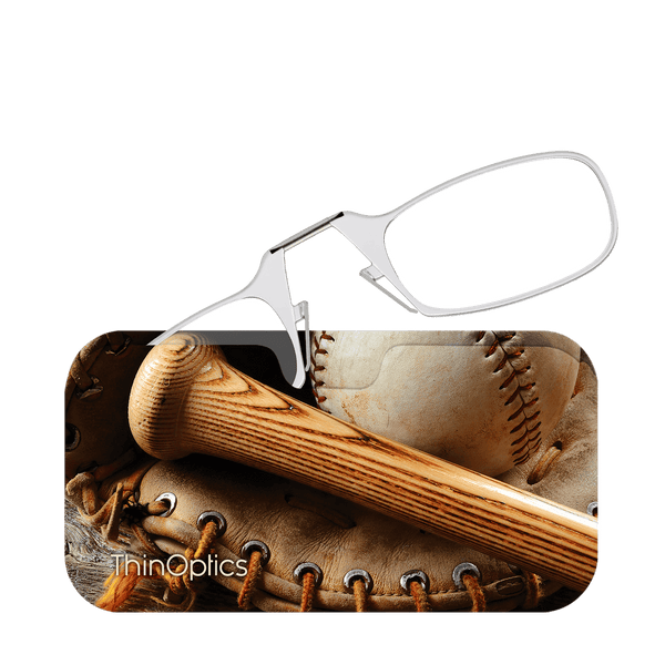 Silver ThinOptics reading glasses rest on a baseball-themed case featuring a glove, bat, and ball.