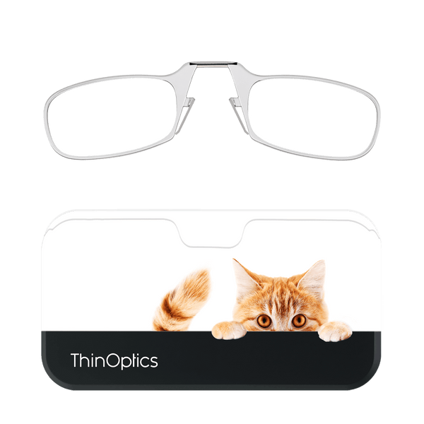 Silver ThinOptics reading glasses folded above their slim case. A ginger cat peeks over the top of the case.