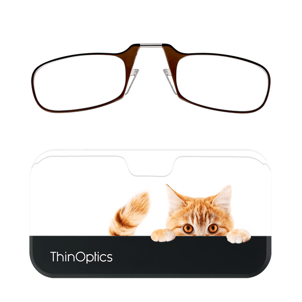 Brown ThinOptics reading glasses folded on a slim case featuring a ginger cat peeking over the edge.