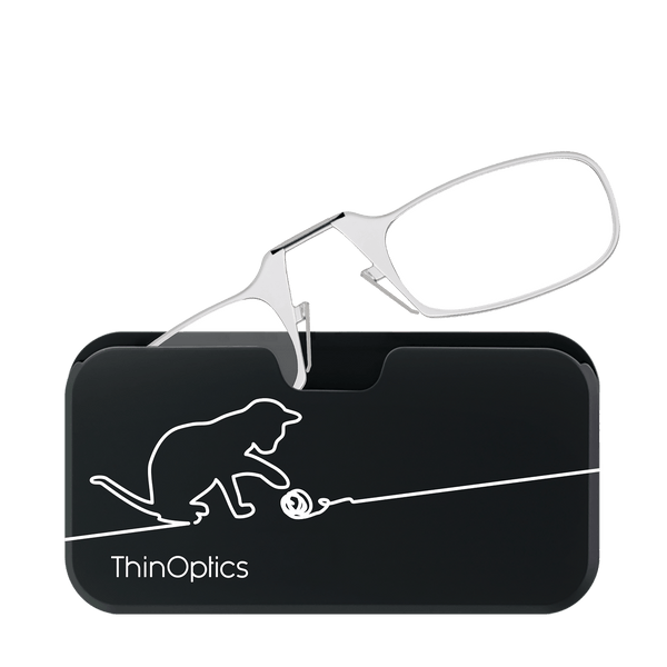 ThinOptics reading glasses rest unfolded on their slim, black case featuring a playful cat silhouette.