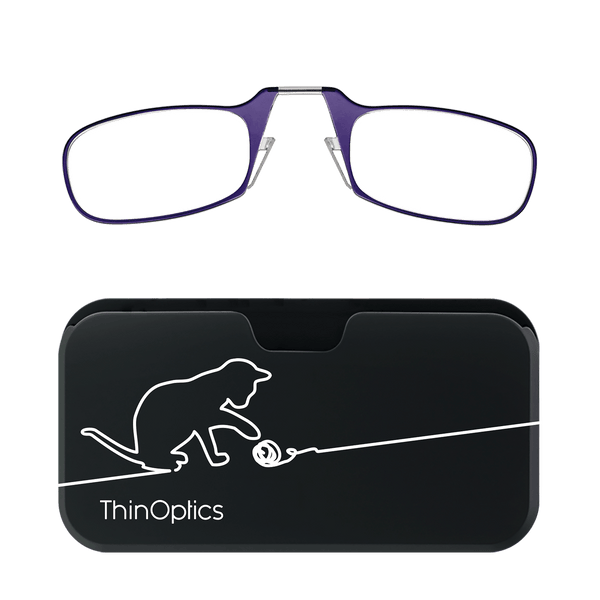 Purple ThinOptics reading glasses rest unfolded above their black carrying case, which features a cat playing with yarn.