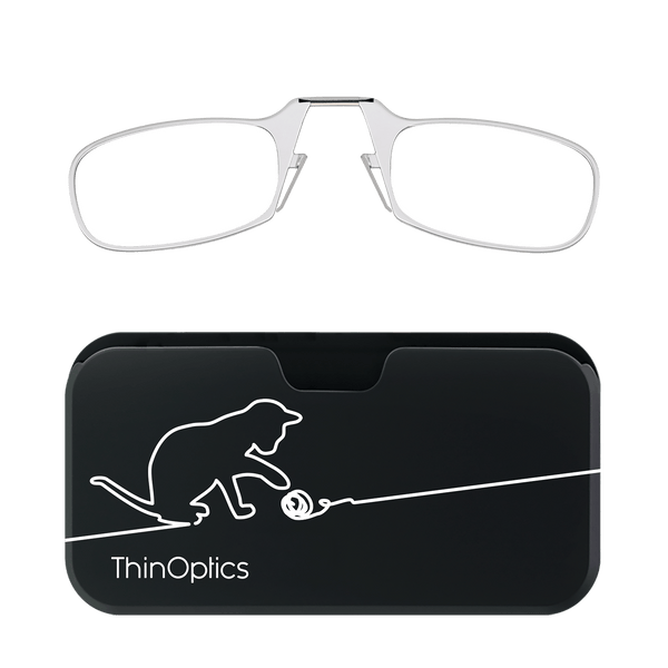 Silver ThinOptics reading glasses fold in half and fit inside a slim black case featuring a cat playing with yarn.