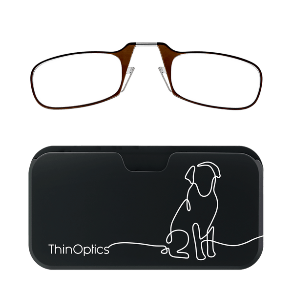Brown ThinOptics reading glasses with a minimalist dog design on the slim black case.