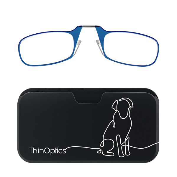 Blue ThinOptics reading glasses folded atop a black carrying case featuring a minimalist white line drawing of a dog.