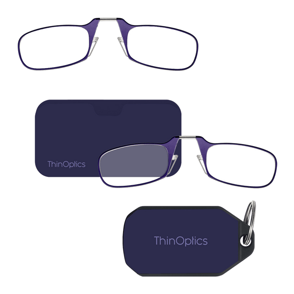 ThinOptics purple reading glasses showcased folded, in a case, and on a keychain.