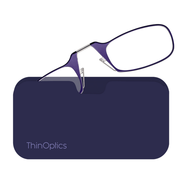 Purple ThinOptics reading glasses rest on their matching compact case.