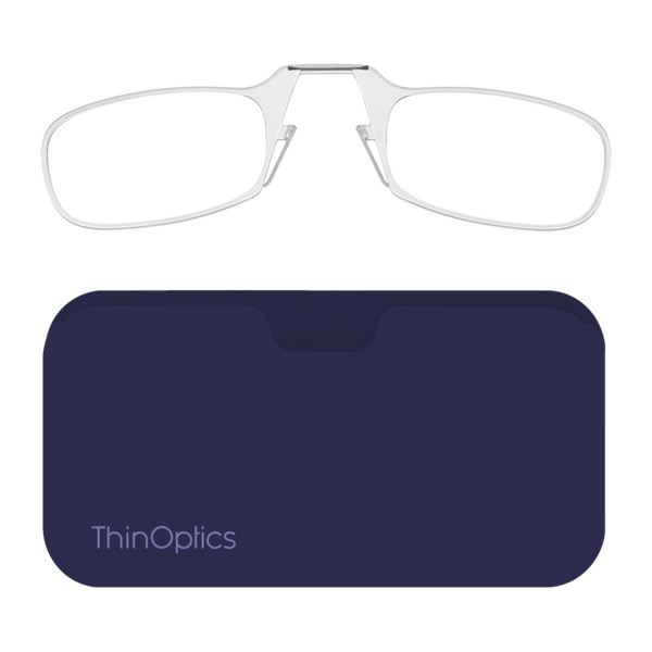 Silver ThinOptics reading glasses fold into their compact navy blue case.