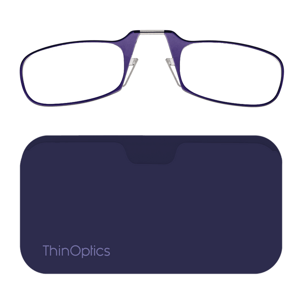 Purple ThinOptics reading glasses rest folded in their slim carrying case.